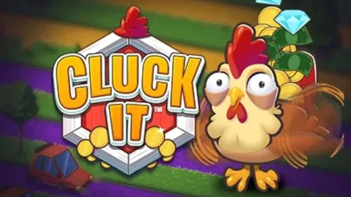 Pemandangan peternakan yang ceria dengan ayam lucu dalam game Cluck It