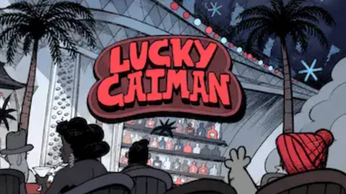 Tampilan visual slot Lucky Caiman dengan tema lounge retro dan karakter buaya necis.